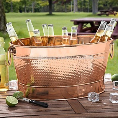 Hammered Stainless Steel Beverage Tub and Party Drink Chiller Elegant Rose Copper Finish Large